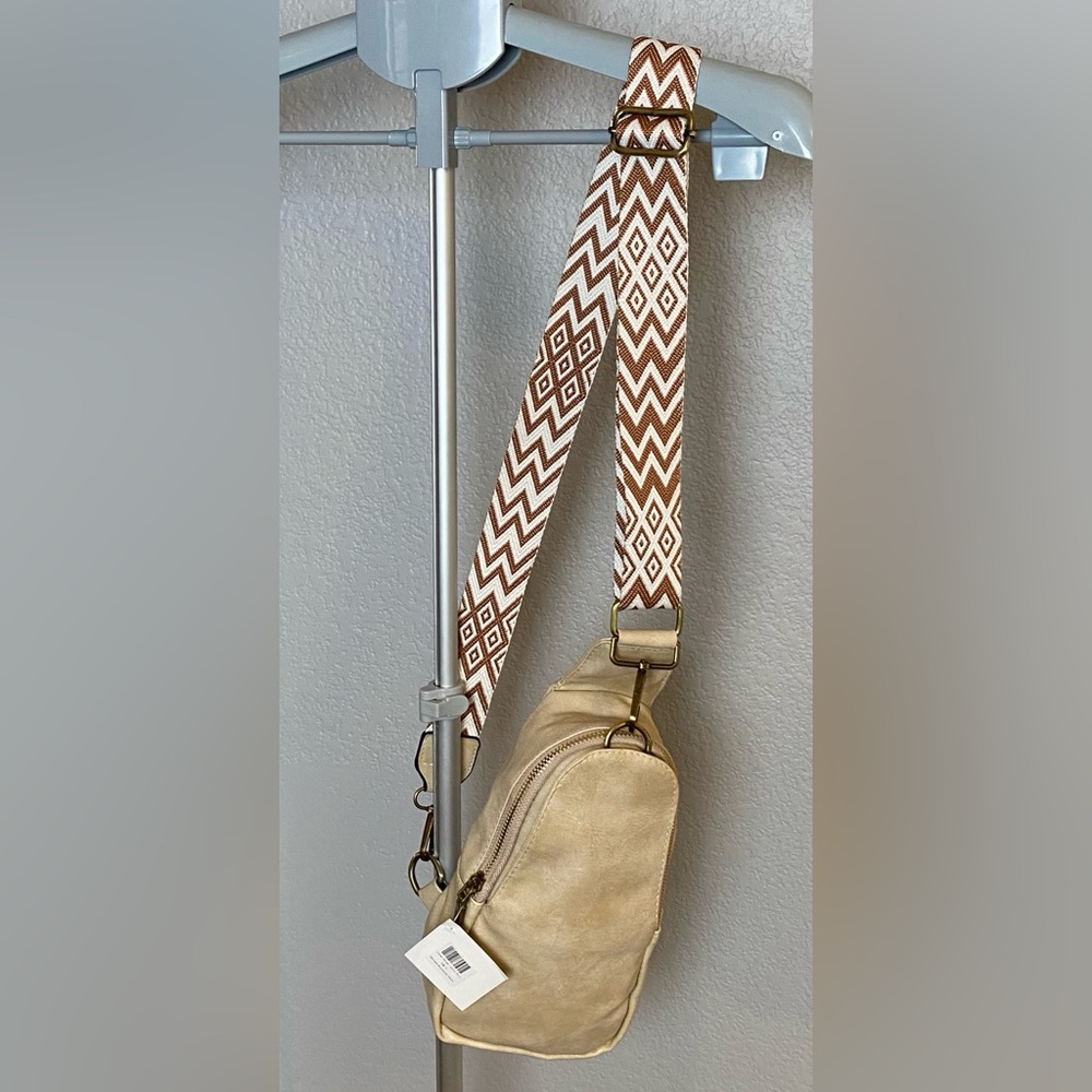 NWT Vegan Leather Sling “Guitar Bag” with Patterned Strap